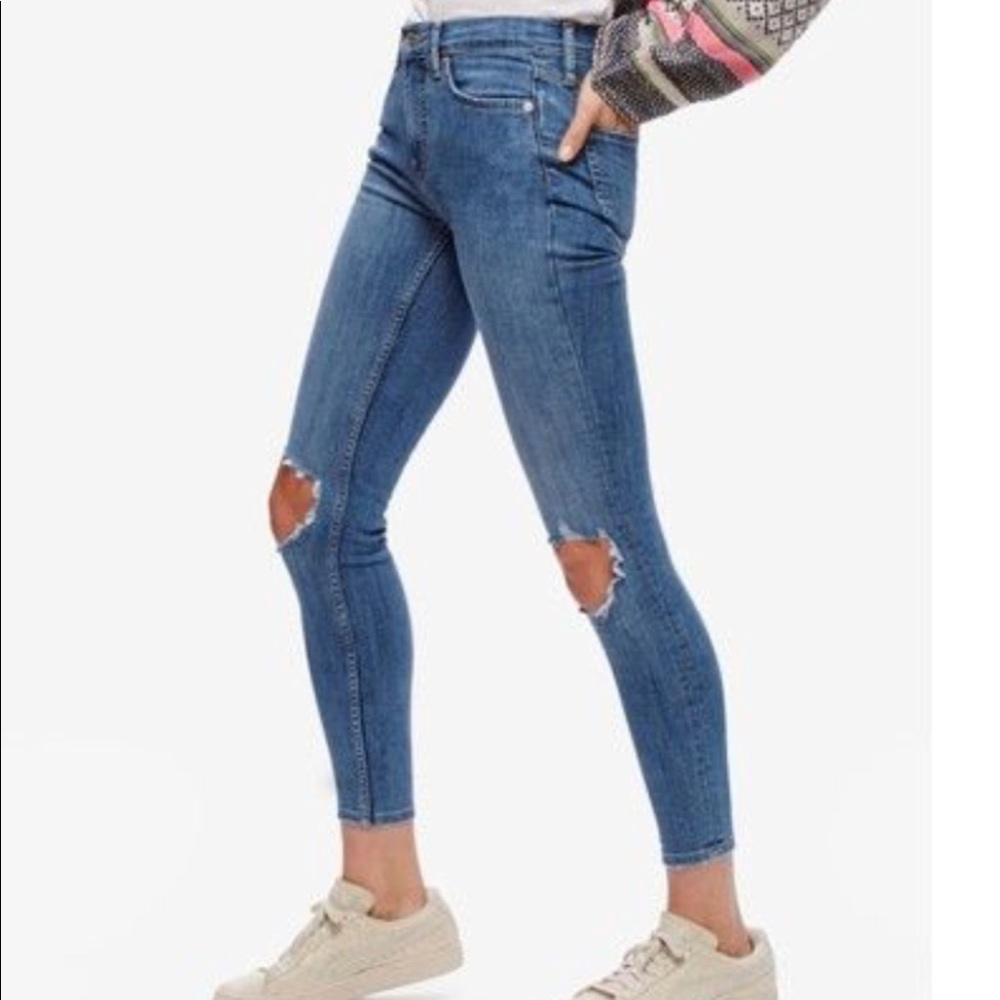 Free People Cotton Ripped Medium Blue Jeans